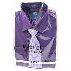 BUCHELI Men's Dress Cotton Blend PURPLE M 15.5" Shirt With Matching Tie Set